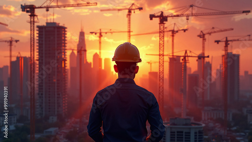 Silhouette of Construction Worker at Sunrise/Sunset
