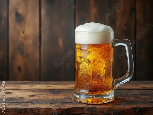 Glass Mug of Golden Beer with Thick Frothy Head on Rustic Wooden Table, Traditional Lager in Classic Handle Mug with Warm Wooden Background