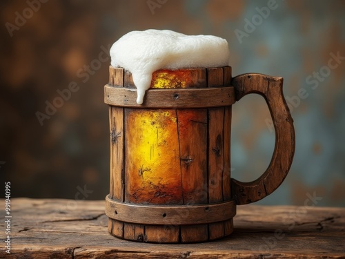 Rustic Wooden Mug of Beer with Frothy Head on Wooden Surface, Medieval-Style Tankard Filled with Amber Beer, Vintage Atmosphere and Warm Lighting