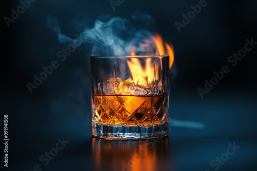 An up-close shot of flames and whiskey splash on a black surface photo