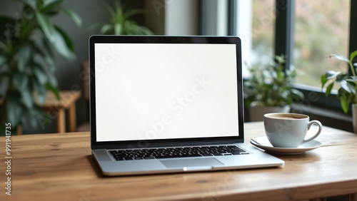 Laptop with Blank Screen on Wooden Table