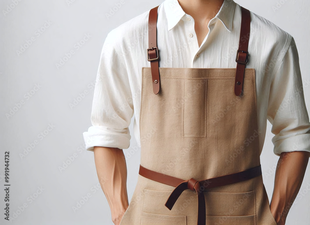 Person Wearing White Shirt and Textured Apron with Leather Straps