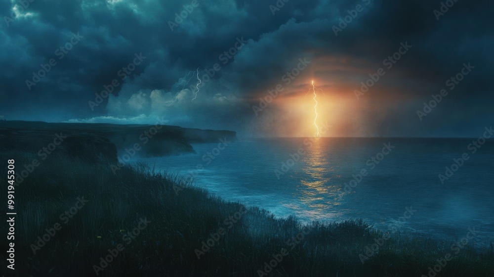 A close-up of lightning striking in the distance, illuminating a coastal landscape at dusk A close-up of lightning striking in the distance, illuminating a coastal landscape at dusk