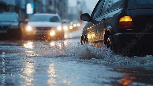 Cars driving cautiously through a flooded street in an urban environment, water splashing from the tires photo