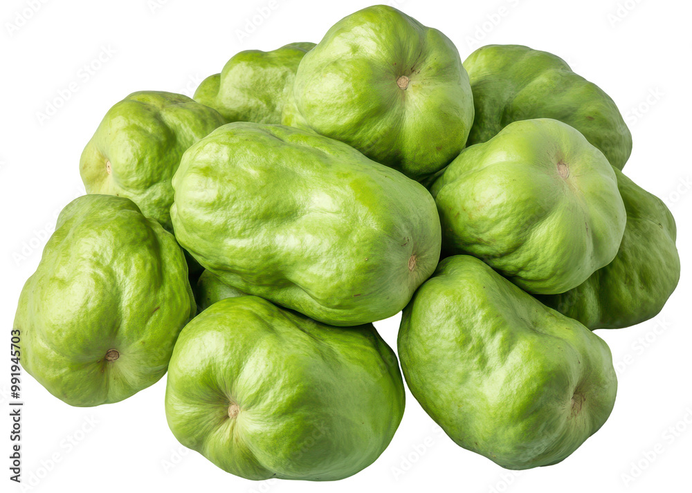 Pile of green chayote squashes. Wrinkled skin, varied sizes. Fresh and healthy. Transparent background, great for food visuals. Pile of green chayote squashes. Wrinkled skin, varied sizes. Fresh and healthy. Transparent background, great for food visuals.