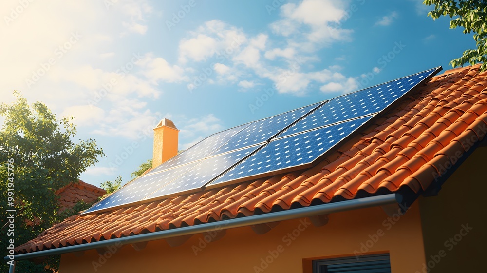 Solar panels on the roof of an orange clay tile house Solar panels on the roof of an orange clay tile house
