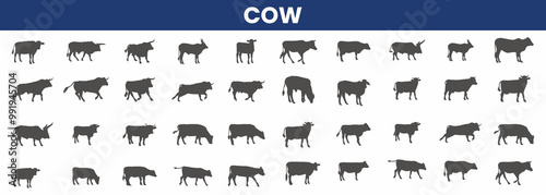 Cow flat icon of set, cow illustration, cow set line art.