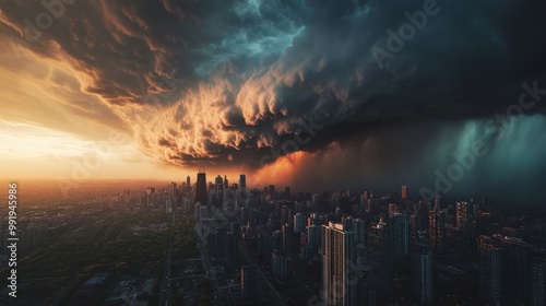 Fototapeta Naklejka Na Ścianę i Meble -  Aerial view of a city skyline with a massive storm cloud approaching from the horizon