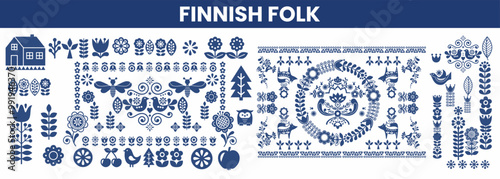 Scandinavian seamless pattern, Folk art vector round ornamental,  Retro style navy blue ornament, finnish folk set of icon. 