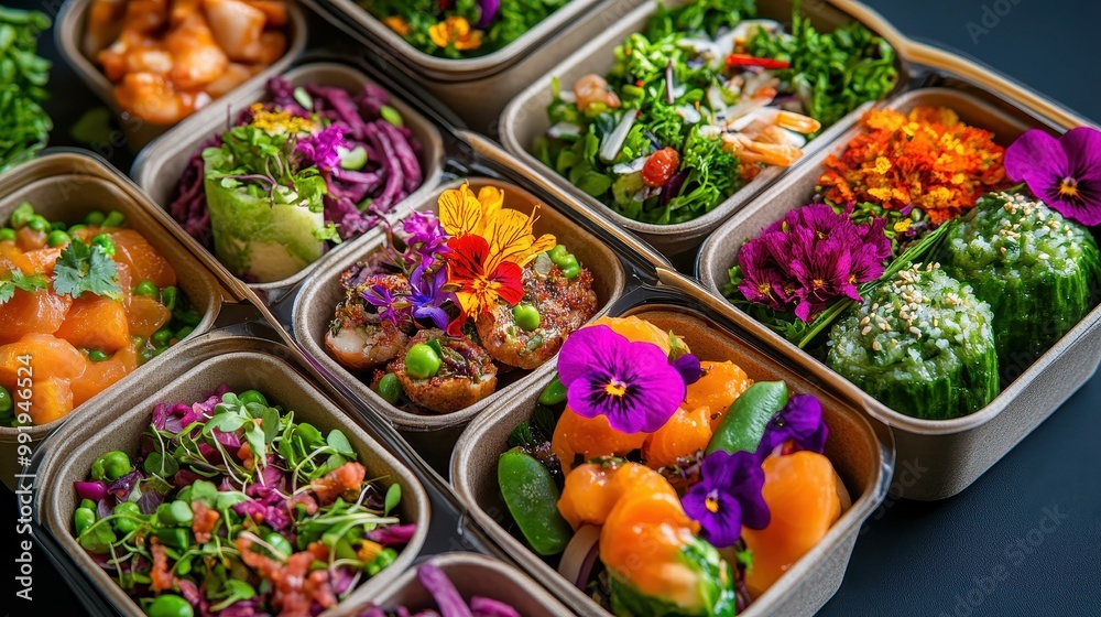 CloseUp of Compostable Food Containers Filled with Colorful Organic Dishes for EcoFriendly Dining CloseUp of Compostable Food Containers Filled with Colorful Organic Dishes for EcoFriendly Dining