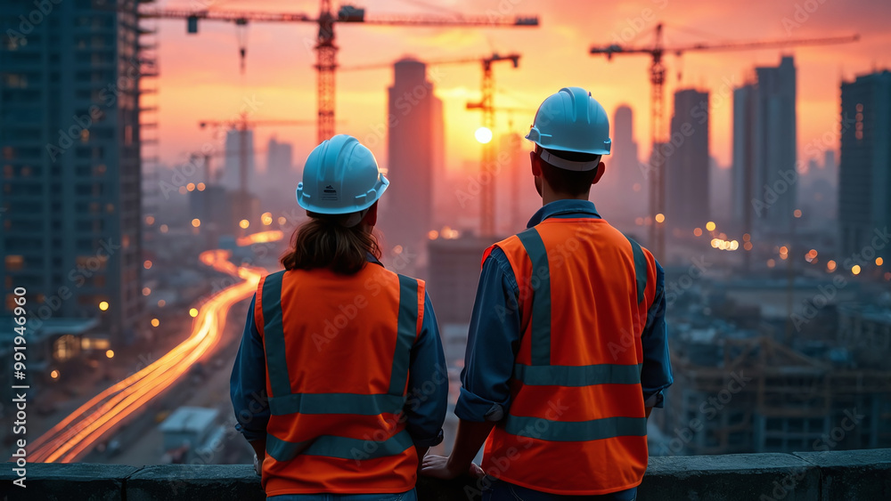 Construction Workers Overseeing Urban Development at Sunrise/Sunset
