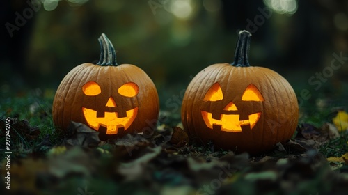 Wallpaper Mural Halloween pumpkins jack lanterns are depicted in the forest with cut out smiles Torontodigital.ca