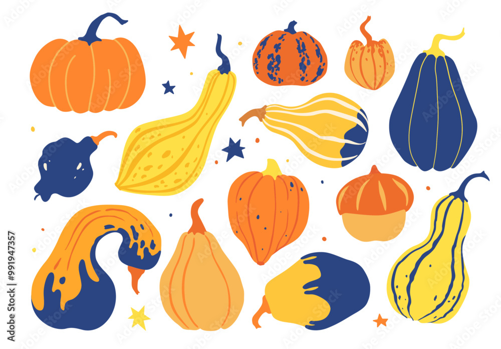 Vector pumpkin set. Hand drawn illustrations for autumn decorative design. Halloween collection.
