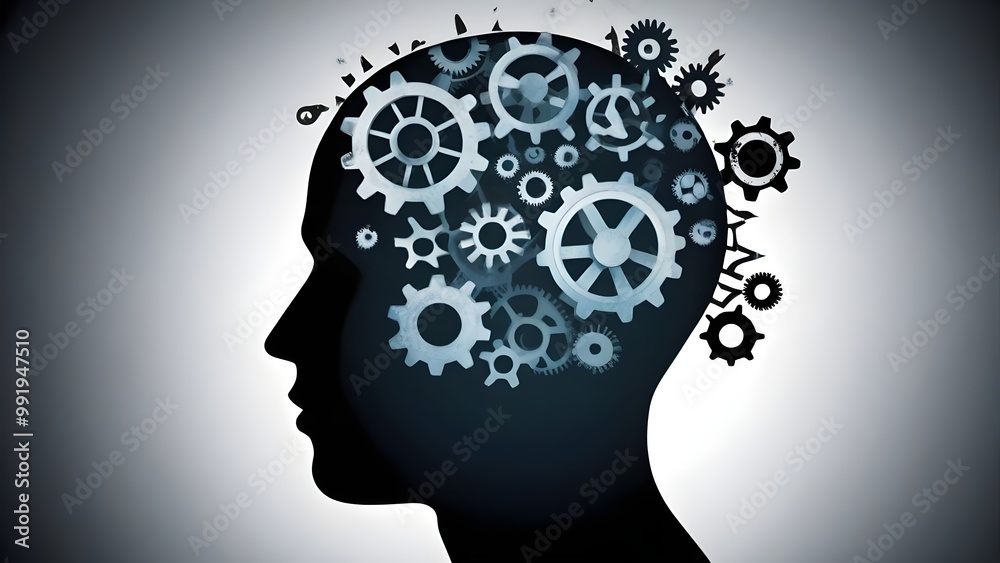 A silhouette of a human head filled with spinning gear wheels, symbolizing thought processes, mental strain, and the complexity of stress. - Stress/Mental Pressure/Depression A silhouette of a human head filled with spinning gear wheels, symbolizing thought processes, mental strain, and the complexity of stress. - Stress/Mental Pressure/Depression