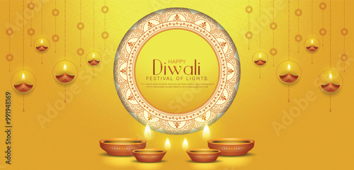 Happy Diwali - festival of lights colorful banner template design with decorative diya lamp.