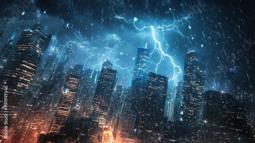 A close-up of lightning striking a tall building in the middle of a stormy city skyline
