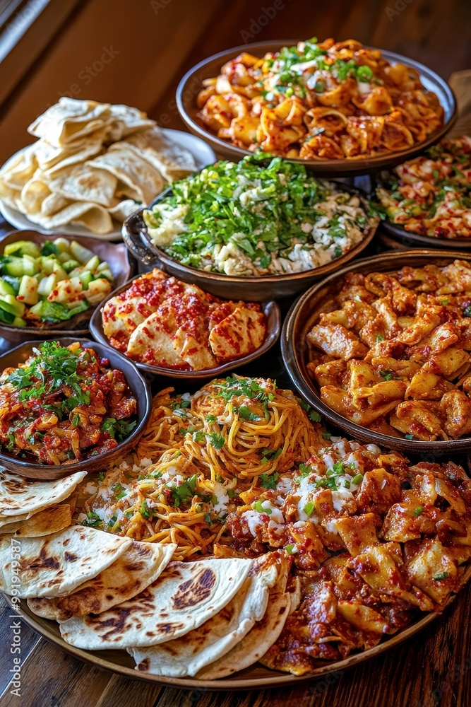 Family Gathering Around Table Enjoying Fusion Feast with Joyful Atmosphere and Diverse Dishes Family Gathering Around Table Enjoying Fusion Feast with Joyful Atmosphere and Diverse Dishes