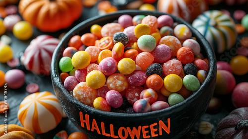 A colorful assortment of Halloween candies spilling from a cauldron, with "HALLOWEEN" in candy lettering.