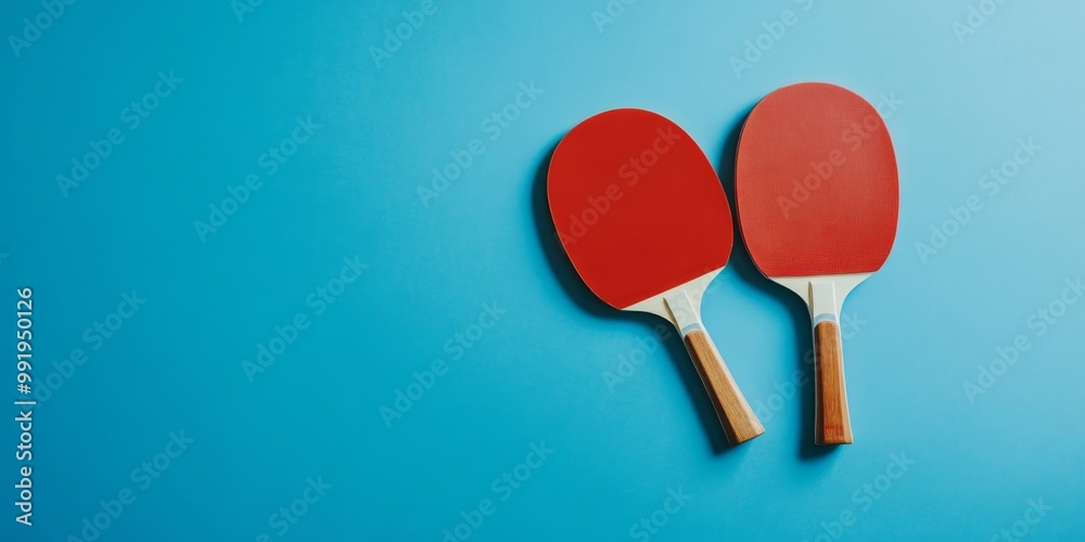 Two red table tennis paddles arranged on a blue background in a minimalistic flat lay style