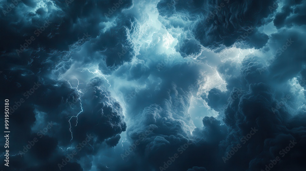 A close-up of storm clouds swirling overhead, with flashes of lightning illuminating the sky A close-up of storm clouds swirling overhead, with flashes of lightning illuminating the sky