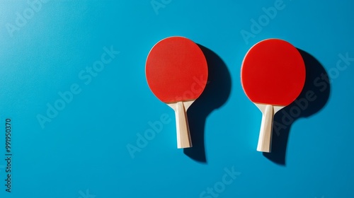 Minimalistic flat lay of two red table tennis paddles on a vibrant blue background