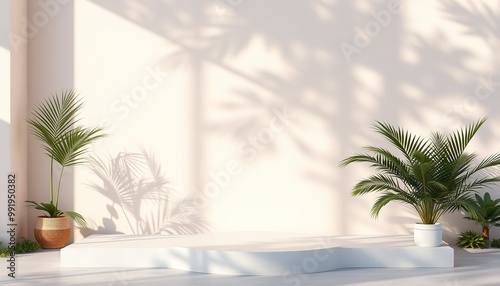 Unobtrusive natural pastel background with shadows on the wall, exterior - 3d render. Botanical empty podium with shadows from plants, palms, trees for product presentation, advertising. 