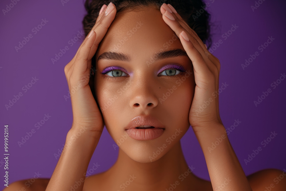 A woman with purple eyeshadow and a green eye liner A woman with purple eyeshadow and a green eye liner