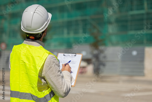 Construction manager or architect with reflective vest white helmet reviewing the construction of homes, safety inspector reviewing work, work safety real estate future professions, housing project