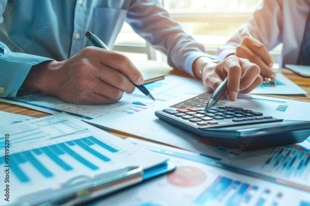 Fototapeta premium Two businesspeople analyzing financial documents and using a calculator for calculations