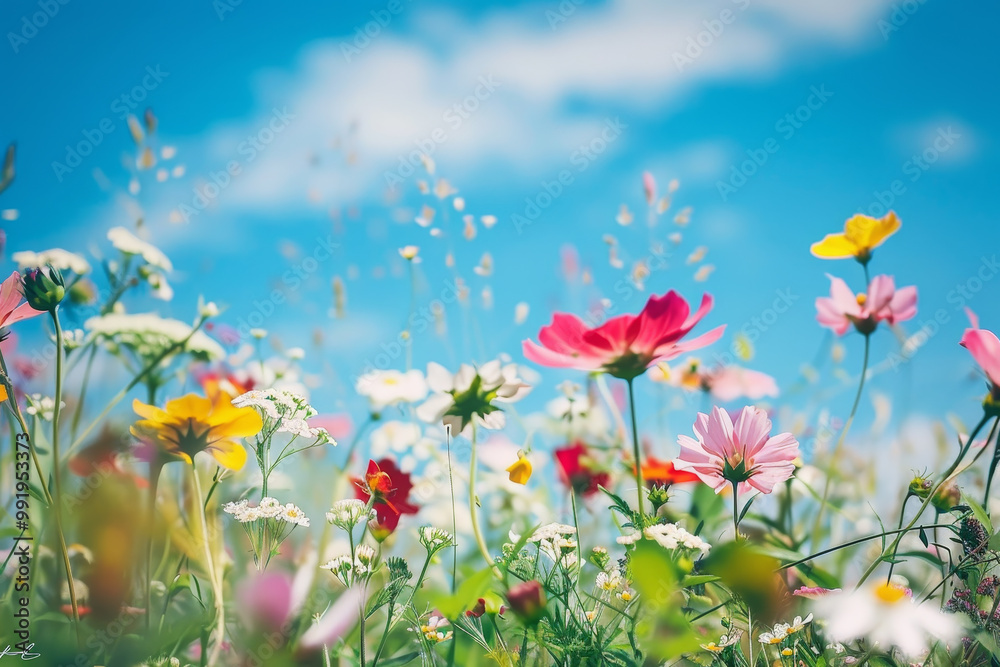 A field of flowers with a blue sky in the background A field of flowers with a blue sky in the background