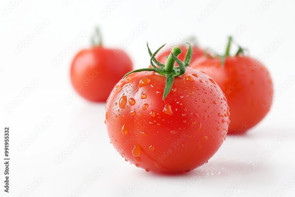 A cluster of ripe tomatoes sits on a clean white background A cluster of ripe tomatoes sits on a clean white background