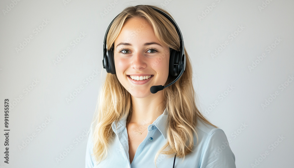 Call center person with confident smile and headphones, light white background Call center person with confident smile and headphones, light white background