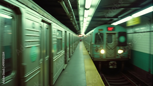 Empty Subway Train Interior with Green Seats and Motion Blur Effect