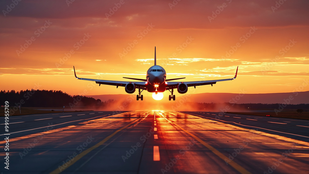 Airplane Landing at Sunset with Silhouette Effect Airplane Landing at Sunset with Silhouette Effect