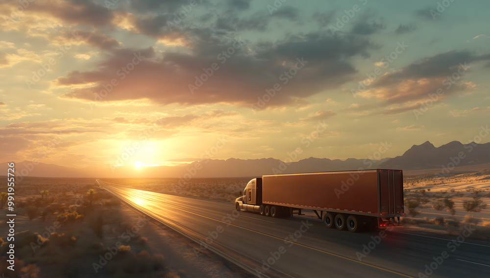 A beautiful red truck with a white trailer driving on an open road at sunset A beautiful red truck with a white trailer driving on an open road at sunset