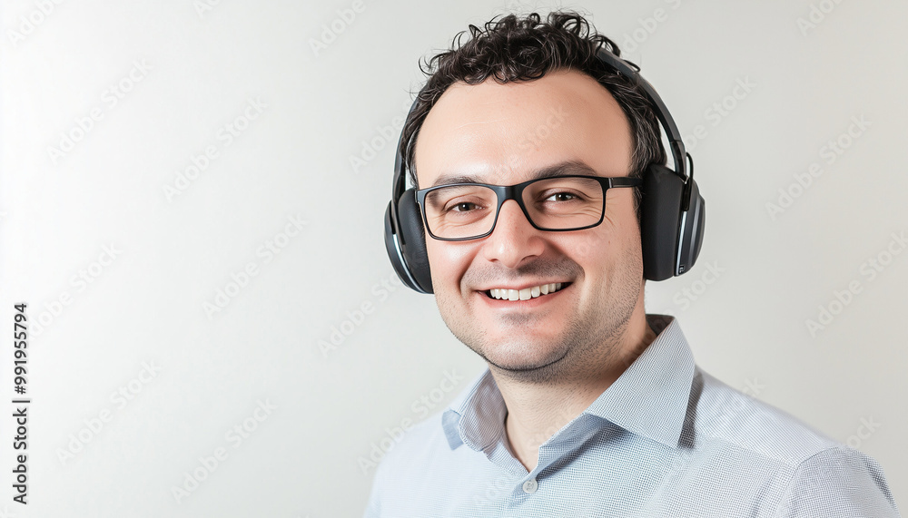 Call center person with confident smile and headphones, light white background