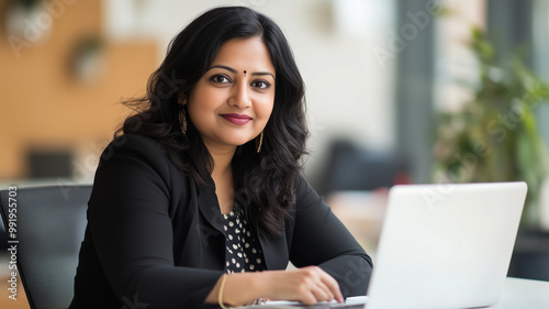 Plus size indian businesswoman in an office, working at laptop. Indian manager in her office, using a computer. modern office environment , business related banner. Heavy weight businesswoman body inc photo