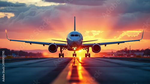 Airplane Landing at Sunset with Silhouette Effect