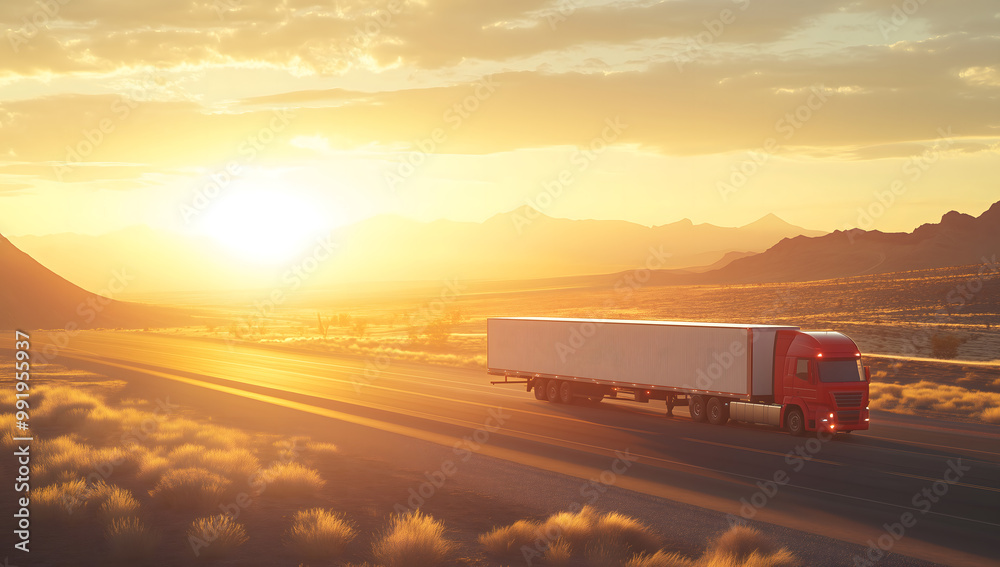 A beautiful red truck with a white trailer driving on an open road at sunset A beautiful red truck with a white trailer driving on an open road at sunset