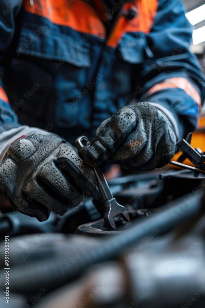A mechanic is working on a car in a garage, with tools and parts scattered around A mechanic is working on a car in a garage, with tools and parts scattered around