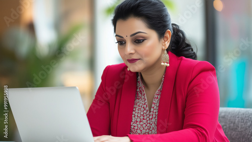 Plus size indian businesswoman in an office, working at laptop. Indian manager in her office, using a computer. modern office environment , business related banner. Heavy weight businesswoman body inc photo