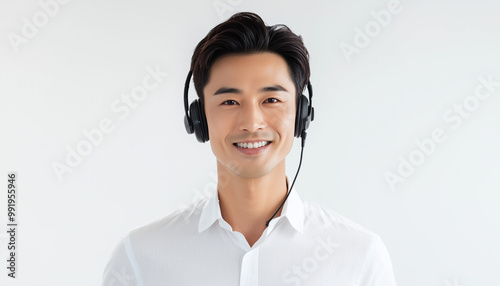 Call center person with confident smile and headphones, light white background