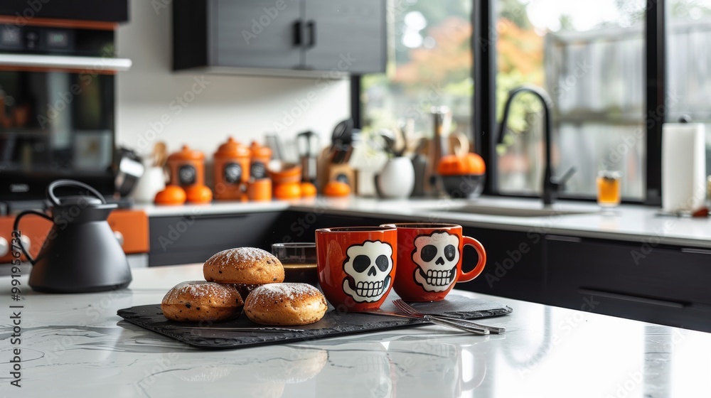 Modern Kitchen Counter with Pan de Muerto and Coffee Mugs - Perfect for Social Media Lifestyle Posts** Modern Kitchen Counter with Pan de Muerto and Coffee Mugs - Perfect for Social Media Lifestyle Posts**