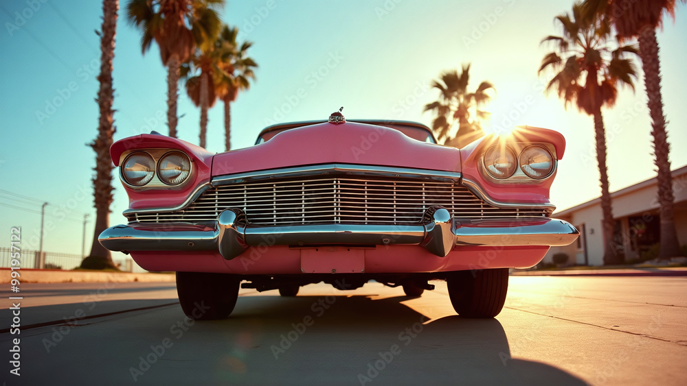 Classic Pink Car with Chrome Detailing at Sunset