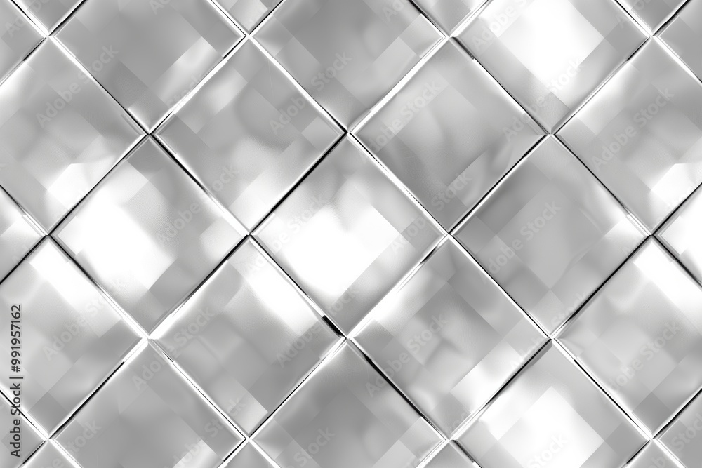 A seamless aluminum pattern of shiny, reflective silver tiles arranged ...