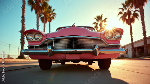 Obraz na płótnie Classic Pink Car with Chrome Detailing at Sunset w salonie