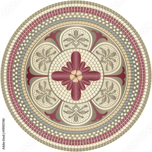 Mosaic circular ornament of floral motifs in burgundy, beige and gold tones in roman style. For ceramics, tiles, ornaments, backgrounds and other projects.