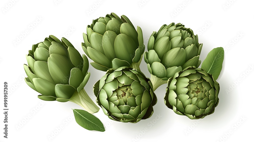 Realistic arrangement of whole artichokes on a white background, showcasing their layered, green leaves and rounded shape Realistic arrangement of whole artichokes on a white background, showcasing their layered, green leaves and rounded shape