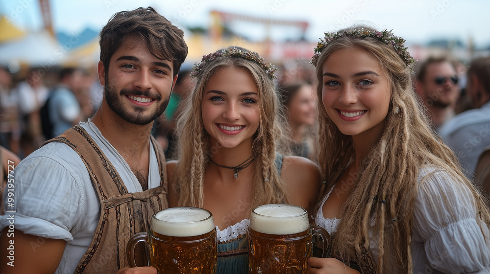 Tourists in traditional costumes posing for photos with large beer mugs in front of an Oktoberfest banner. Tourists in traditional costumes posing for photos with large beer mugs in front of an Oktoberfest banner.