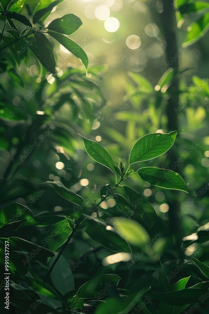 Fototapeta premium A sunny day with light shining through tree leaves, perfect for outdoor photography or illustration